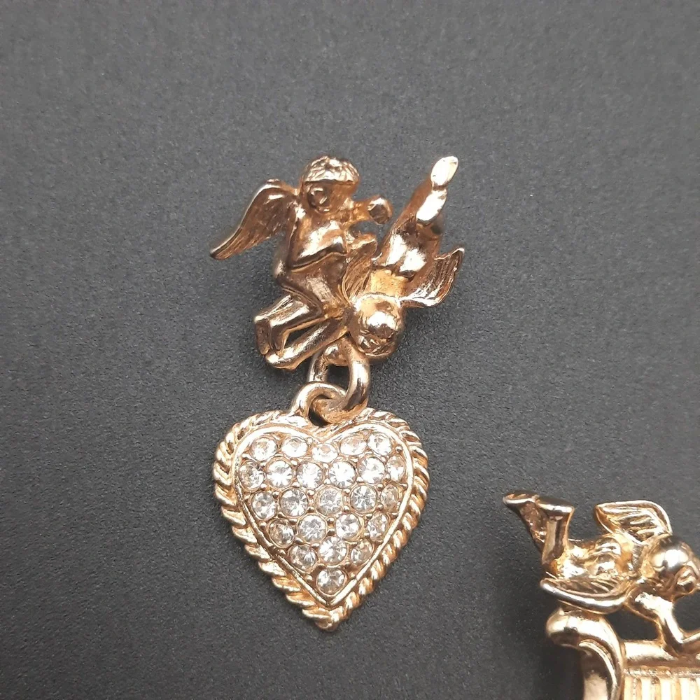 Vintage Premier Designs Gold-tone Cherub Brooch/Pendant & Earring‎ Set